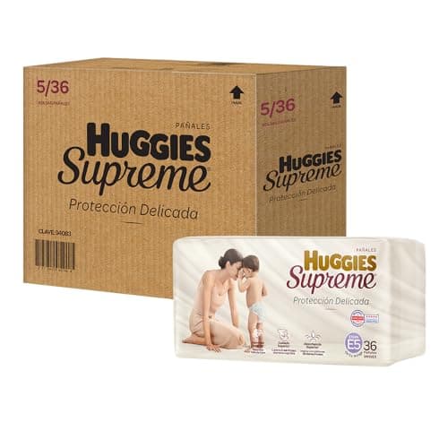 Pañal Huggies Supreme, unisex con 36 pzs, etapa 5, para bebés de hasta 11 a 14.5 kg. Único clinica y dermatologicamente probado