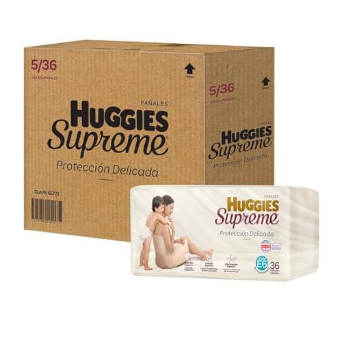 Pañal Huggies Supreme, unisex con 36 pzs, etapa 6, para bebés de 13.5 kg en adelante. Único clinica y dermatologicamente probado