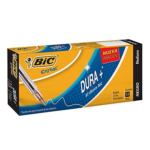 BIC, Bolígrafo de Punto Mediano, Pluma Clásica, Cristal Dura +, Tinta Color Negro, 12 piezas