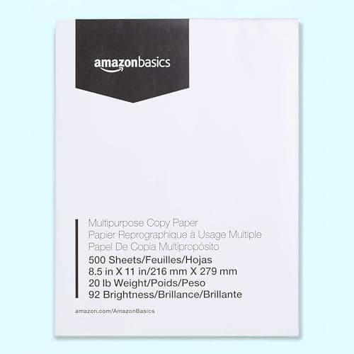 Amazon Basics Papel Multiusos Para Impresora Fotocopiadora, 21.6 x 27.9cm, 9.07kg, 1 Resma (500 Hojas), Brillo 92, Blanco