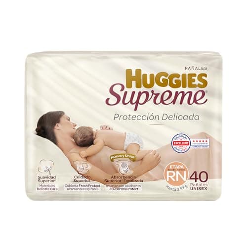 Pañal Huggies Supreme, unisex con 40 pzs, etapa Recién Nacido, para bebés de hasta 3.5 kg. Único clinica y dermatologicamente probado