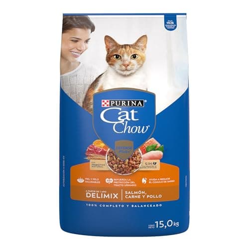 Purina Cat Chow Adulto Delimix Todos los Tamaños Sabor Salmón, Carne y Pollo 15Kg