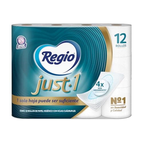 Regio Just 1 Papel Higiénico, Con Hojas Cuádruples 50% Mas Gruesas, Centro Suave, 12 Rollos