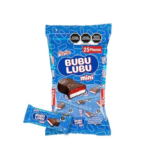 Mini Bubulubu, malvavisco relleno sabor a fresa y cobertura sabor a chocolate 25 piezas de 20 gramos