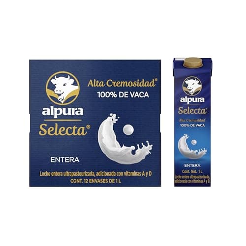 Alpura Selecta Leche Entera 100% de Vaca, Ultrapasteurizada en Paquete de 12 piezas de 1 Litro cada una, Fuente de proteína y Calcio, adicionada con vitaminas A y D. Cremosidad y Sabor superior