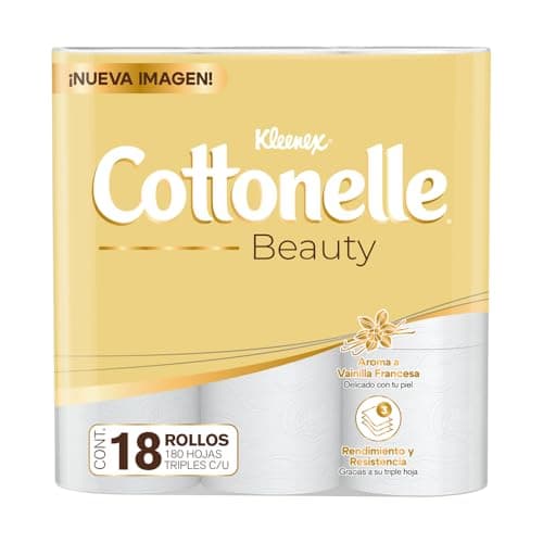 Kleenex Cottonelle Beauty, Papel Higiénico, Paquete con 18 Rollos de 180 Hojas Triples C/U.