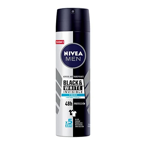 NIVEA MEN Desodorante Antimanchas, Black & White Invisible Fresh (150 ml) Fórmula anti manchas, anti olor, anti sudor, anti irritación y anti residuos 48horas Protección Antitranspirante Spray