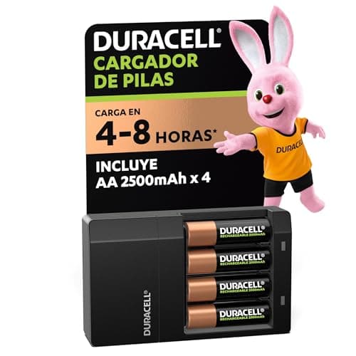 DURACELL - Cargador premium pilas recargables, carga extra rápida compatible con baterías DURACELL AA y AAA NiMH, incluye 1 cargador + 4 pilas AA recargables (pre-cargadas)