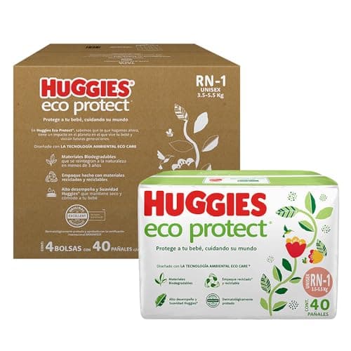 Huggies Eco Protect Pañal Desechable para bebé, Unisex, Etapa Recién Nacido - 1, Caja con 160 Pañales Desechables, Ideal para Bebés de 3 a 5.5 kilogramos