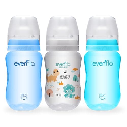 Evenflo Biberón Anticólicos Forest, Diseño de Dinosaurio, Cuello Ancho, 270ml/9oz, Azul y Turquesa, Flujo Medio, Sistema de Ventilación, 3 Piezas, para Bebés de 3 Meses en Adelante