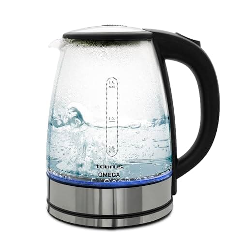 TAURUS OMEGA | Hervidor eléctrico de cristal 1.8 L con luz LED | Tetera rápida 1000W con apagado automático | Jarra inalámbrica 360° de vidrio templado para té, café y bebidas calientes