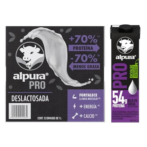 Alpura Pro con extra proteína Deslactosada Ultrapasteurizada en Paquete de 12 piezas de 1 Litro cada una, Fuente de proteína y Calcio, baja en grasa, adicionada con Vitaminas A y D