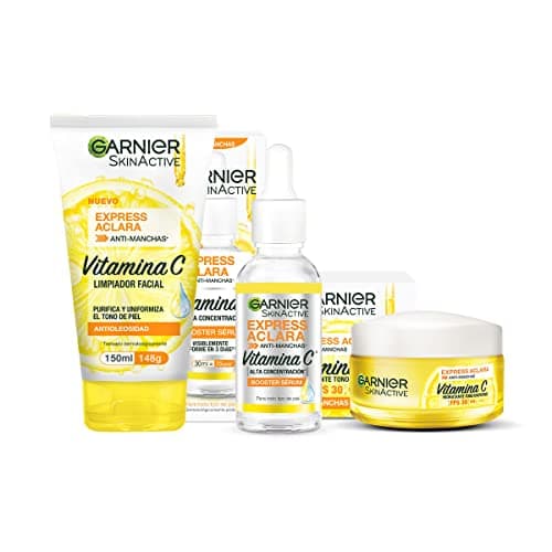 Kit Garnier Express Aclara Rutina anti manchas con Vitamina C: Sérum facial, crema hidratante y gel limpiador, 3 piezas. Hidrata, ilumina y unifica el tono de la piel