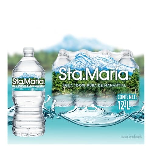 Sta. Maria Agua Natural, Agua 100% Pura de Manantial, Paquete de 12 Botellas de 1L c/u