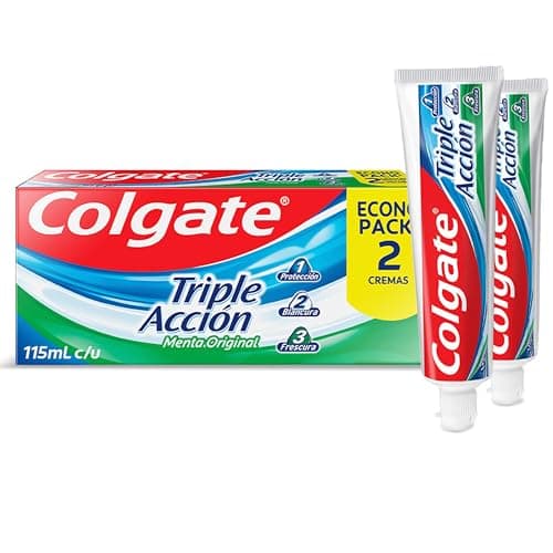 Colgate Pasta Dental Triple Acción Menta Original 2 x 115 ml. Protege tu Salud Bucal y la de tu Familia. Limpieza Profunda de los Dientes, Combate Gérmenes y Bacterias, Elimina la Suciedad