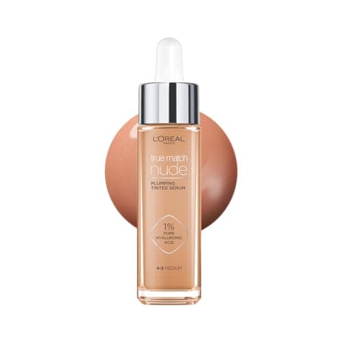 L'Oréal Paris True Match Sérum Rellenador con Color, Base de Maquillaje en Sérum con Ácido Hialurónico, Acabado Luminoso, Piel Uniforme y Radiante, Tono Medium 4-5, 30 ml