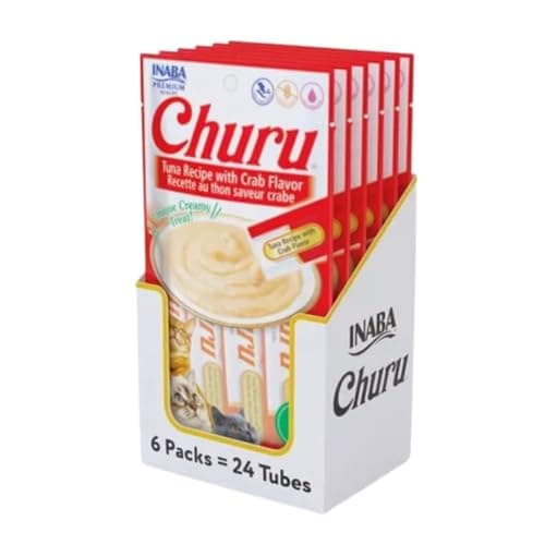 Churu Inaba, Premios Cremosos para Gato, Sabor Atún y Cangrejo, Bajo en Calorías, 24 Tubos de 14g