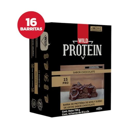 Wild Protein | Barras altas en proteína | Sabor chocolate | Pack de 16 unidades | 15 g de proteína | Sin azúcares ni grasa añadida | 45 g cada barra