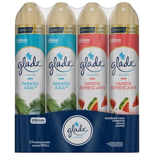 Glade 4 Aromatizantes de Ambiente en Aerosol, Diseñados para Combatir Olores Fuertes: Paraíso Azul, Campos de Lavanda, Alegría Floral y Frutos Rojos, 400 ml
