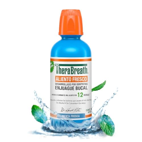 TheraBreath Enjuague Bucal - Sabor Menta Fresca, 473 ml, Combate El Mal Aliento Hasta Por 12 Horas, Sin Alcohol, Sin Ardor y Sin Colorantes Artificiales, Creado Por Dentistas.
