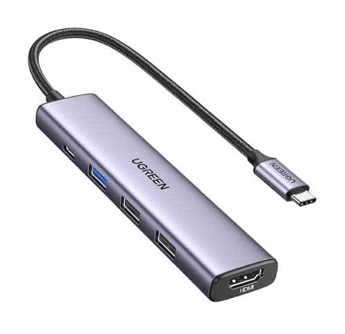 UGREEN USB C Hub, 5 en 1 Adaptador USB C Multipuerto Aluminio a 4K 30Hz HDMI, 1 USB 3.0 y 2 USB 2.0, PD Carga Compatible con MacBook M1 M2 Pro Air iPad iPhone 16 Galaxy S24 Chromebook DELL XPS y Más