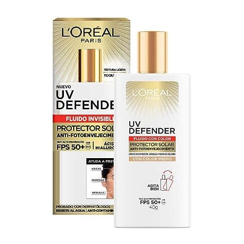 L'Oréal Paris Protector solar facial FPS50+ UV Defender Fluido Invisible Tono Medio, 40ml - Protección solar facial ultra ligero, -50% manchas y -30% arrugas debidas al sol, con Ácido Hialurónico
