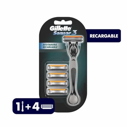 GILLETTE Sensor3, Rastrillo para Afeitar Reutilizable, 1 Mango + 4 Cartuchos con 3 Hojas para