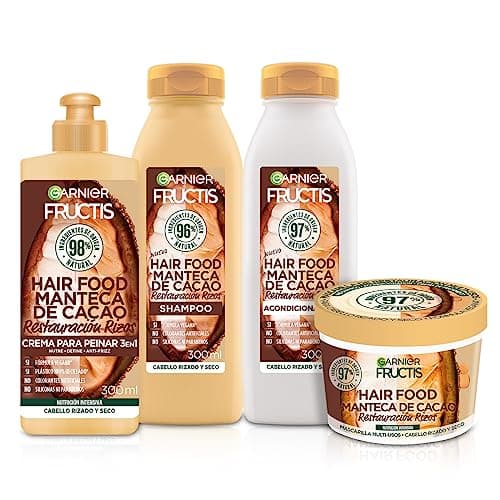 Kit Garnier Fructis Hair Food Manteca de Cacao Rutina Restauración de Rizos: Shampoo, Acondicionador y Crema para Peinar de 300ml + Mascarilla 350ml, Nutrición y Definición por 72 Horas