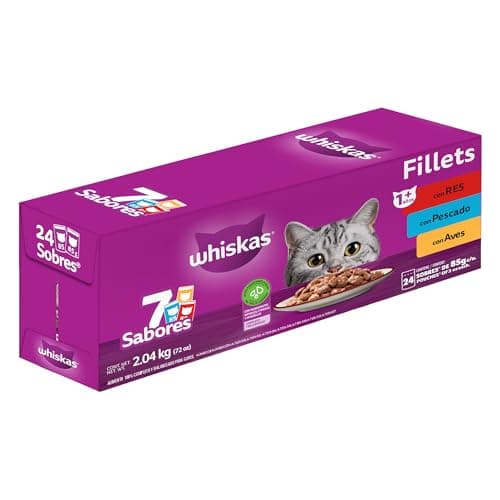 Whiskas Sobres Multisabor para Gatos Adultos Sabor Res, Pescado y Aves 24 Piezas de 85gr