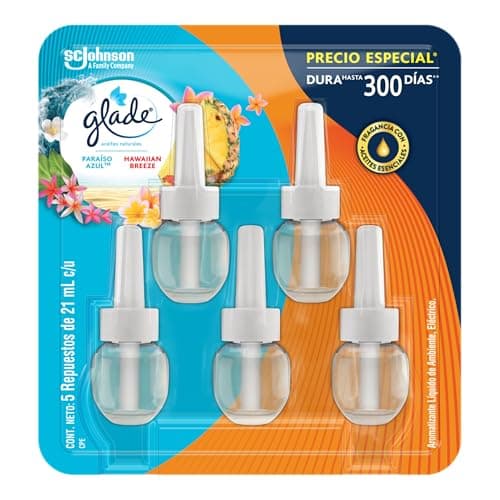 Glade Aromatizante para Hogar Líquido Eléctrico, Aceites Naturales, con Fragancia Continua, Aroma Paraiso Azul y Hawaiian Breeze, 5 Repuestos de 21ml cada uno