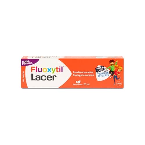 Lacer Fluoxytil Gel Dental Infantil, Flúor y Calcio, Previene Caries, Protege Encías, Sabor Fresa, 75 ml