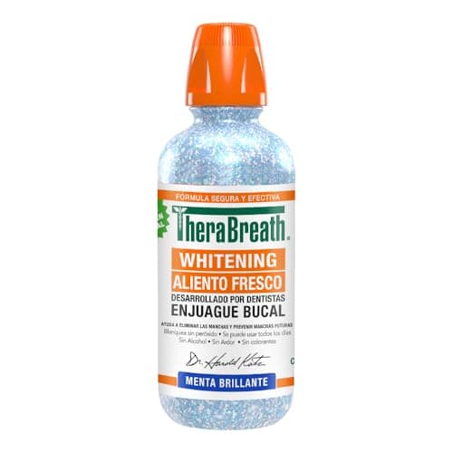 TheraBreath Enjuague Bucal sin Alcohol Whitening, Menta Brillante 473 ml. Elimina y Previene