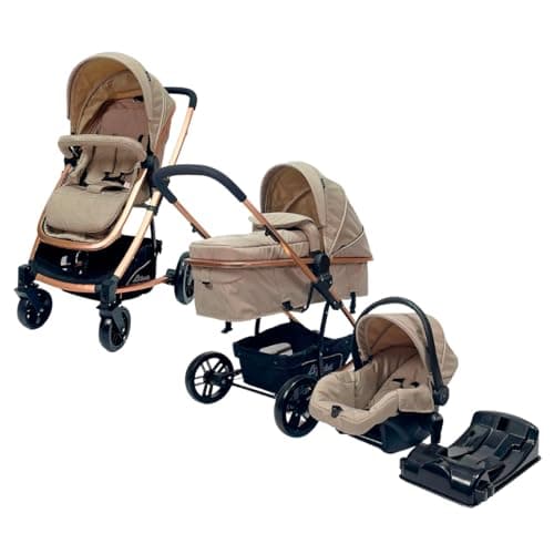 D´BEBÉ Carriola Travel System Crown - Carriola Multifuncional - Ideal para Bebés Recién Nacidos y hasta los 4 años - Incluye Bambinieto y Autoasiento color Beige