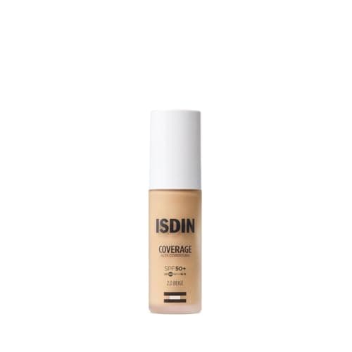 ISDIN Coverage Tono 2 Beige, Base de maquillaje de Alta Protección, Unifica el tono de la piel, disimula imperfecciones y protege contra la radiación UVB/UVA y luz azul. Incorpora activos antiedad (A.G.E. Protect Active) para reducir arrugas y mejorar la firmeza, con un acabado natural y resistente al agua. SPF 50, 30ml