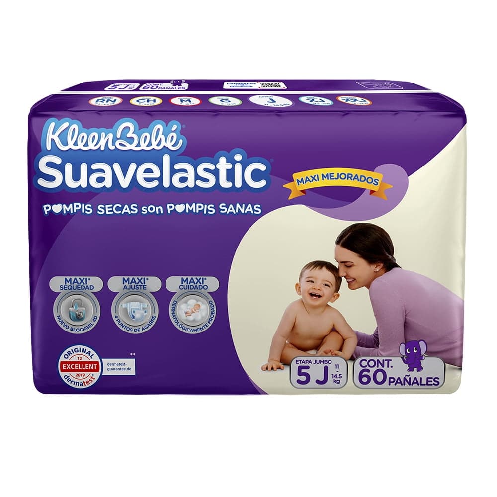 Pañales para bebe Kleenbebé Suavelastic Etapa 5 Jumbo Unisex 60 Piezas