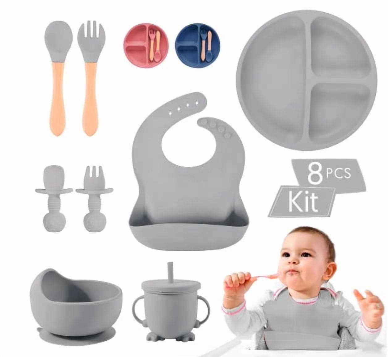 Set De Cubiertos Para Bebés Silicona Plato Antideslizante Modelo Gris Liso