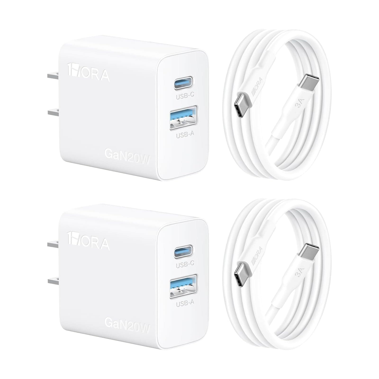 1 Hora 2 Pack Cargador Tipo C 20W con 2 Puertos Carga Rápida Cable USB C
