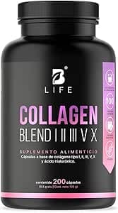 Colágeno Hidrolizado Tipo I, II, III, V y X | 200 Cápsulas 1000 mg por porción | Adicionado con Vitamina C y Ácido Hialurónico. Collagen Blend I, II, III, V X. B Life