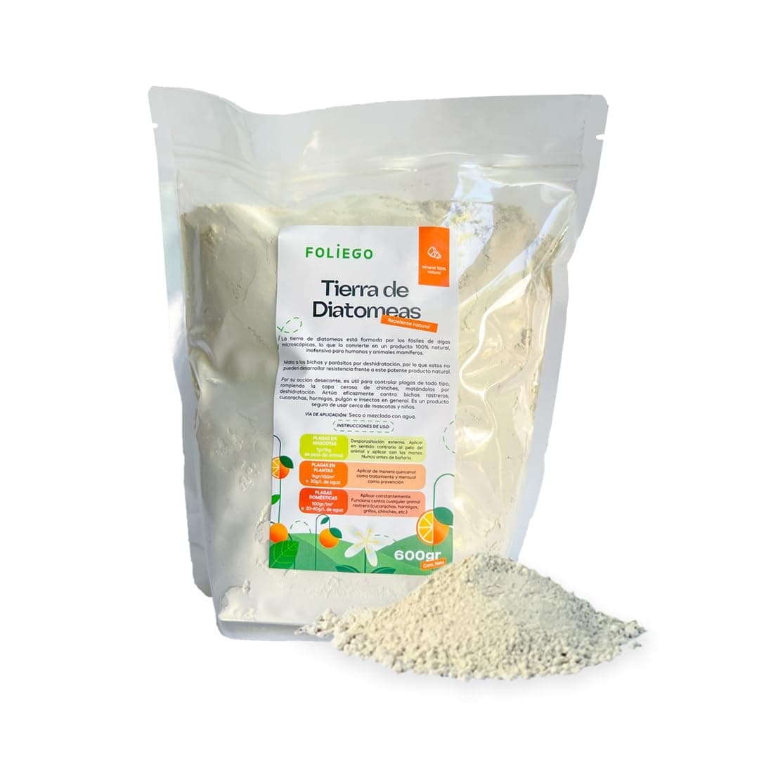 Foliego Tierra de Diatomeas 600 g 100% Natural en polvo. Para Chinches. Uso en Mascotas, Casa y