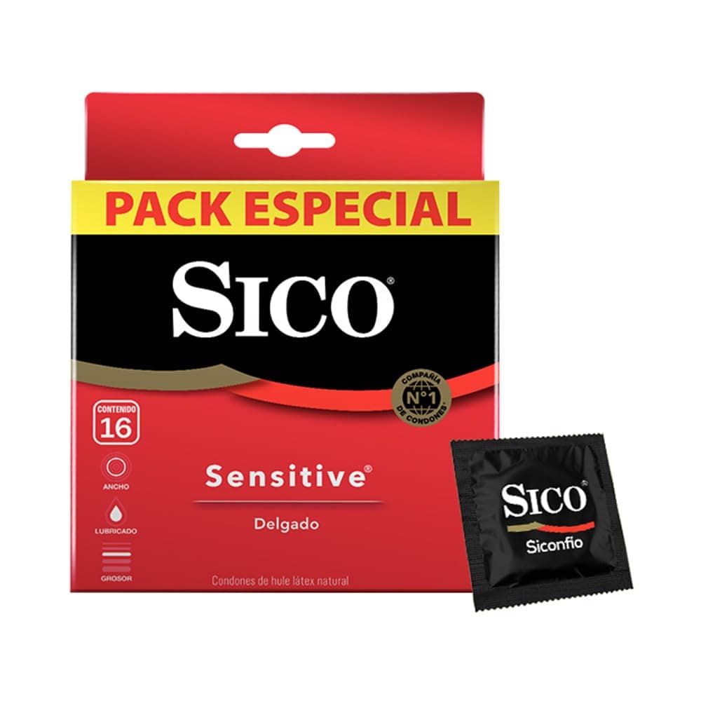 Sico Sensitive, condones de hule látex natural, cartera con 16 piezas