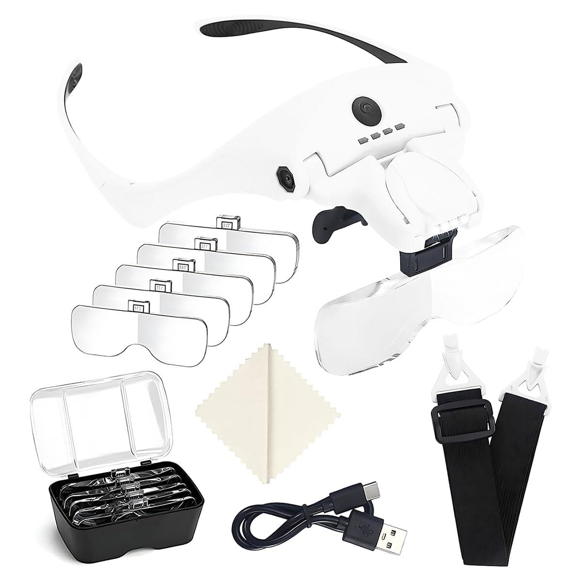 Lupa con 4 Luz LED Montada Cabeza Mano Libre, 5 Lente Aumento Desmontable
