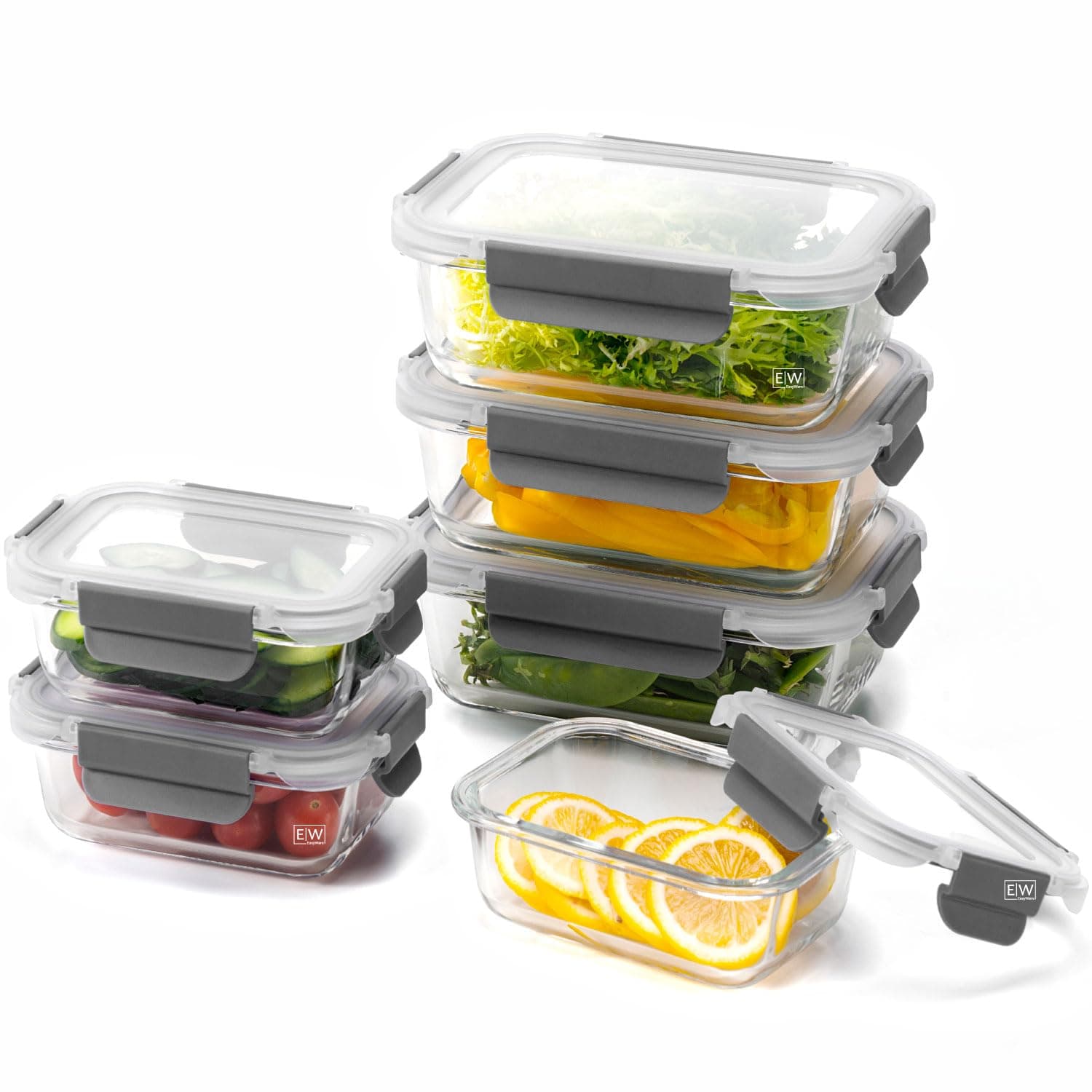 EasyWare - Juego de 12 piezas - 6 RECIPIENTES de VIDRIO GRUESO para alimentos I CONTENEDORES