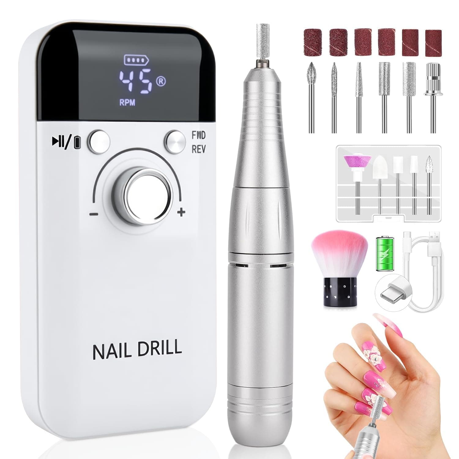 BYCRAY Drill para Uñas Profesional 45000 Rpm, Pulidor de Uñas Eléctrica