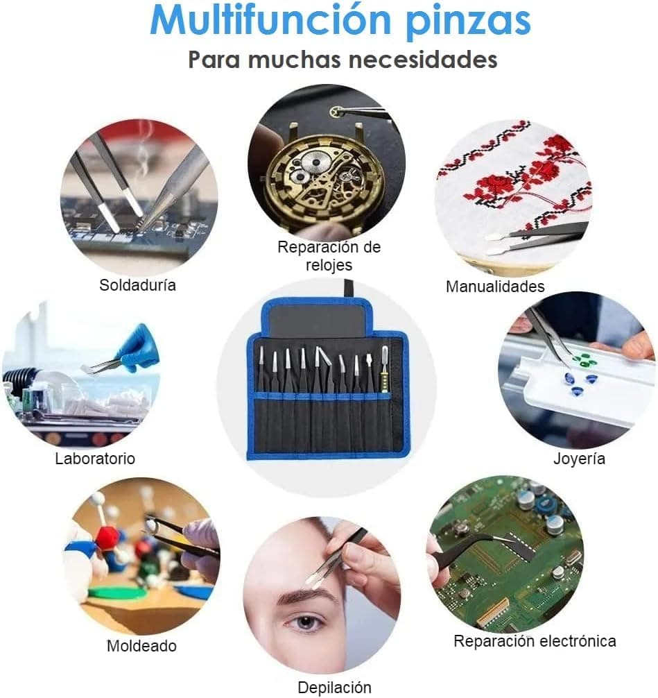 Kit Pinzas Antiestaticas 10pzz Acero Inoxidable Alta Precision Punta Fina Herramienta Para