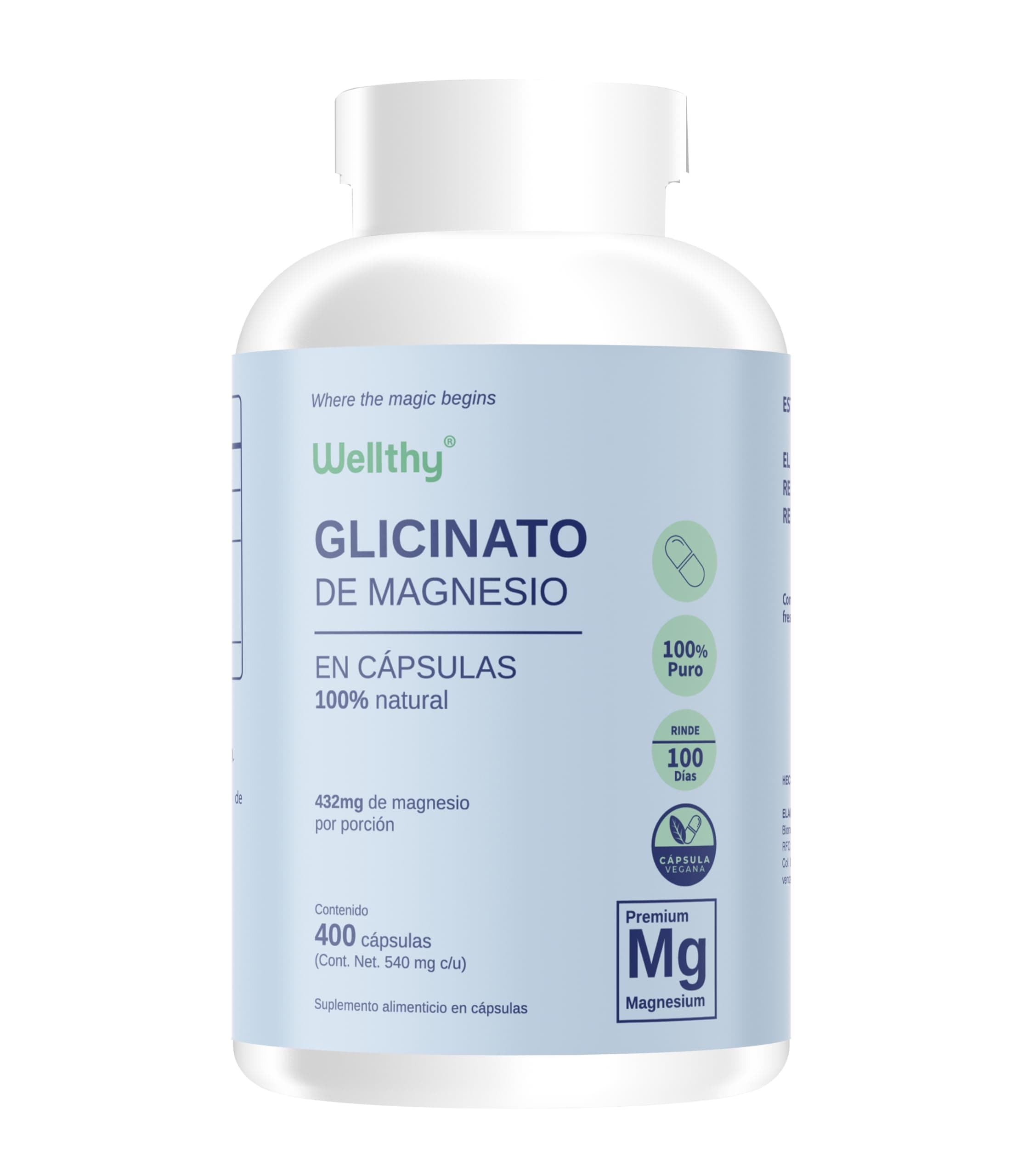 Wellthy Glicinato de Magnesio 400 Cápsulas 432mg. 100% Natural