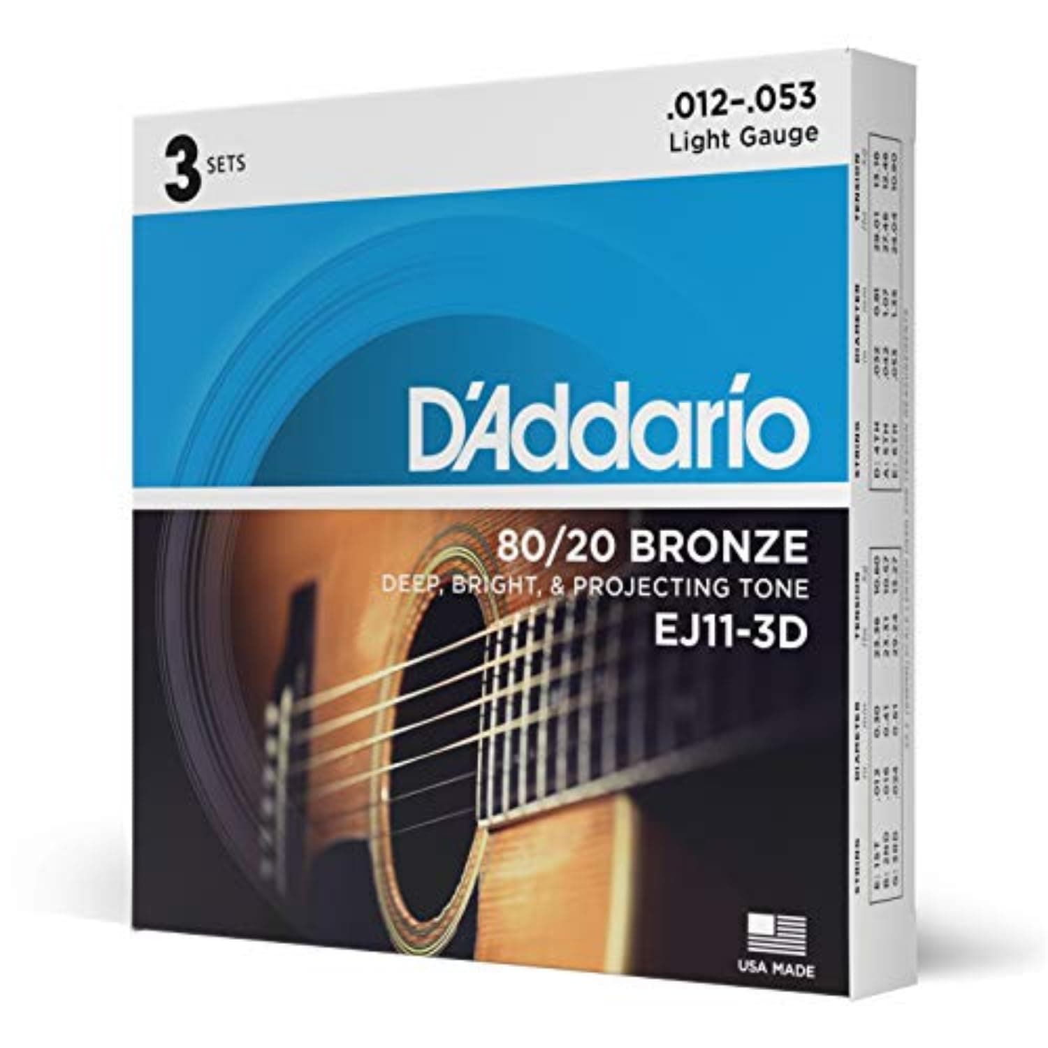 D'Addario EJ11-3D Cuerdas Guitarra Acústica 80/20 Bronze 12-53, 3 Juegos