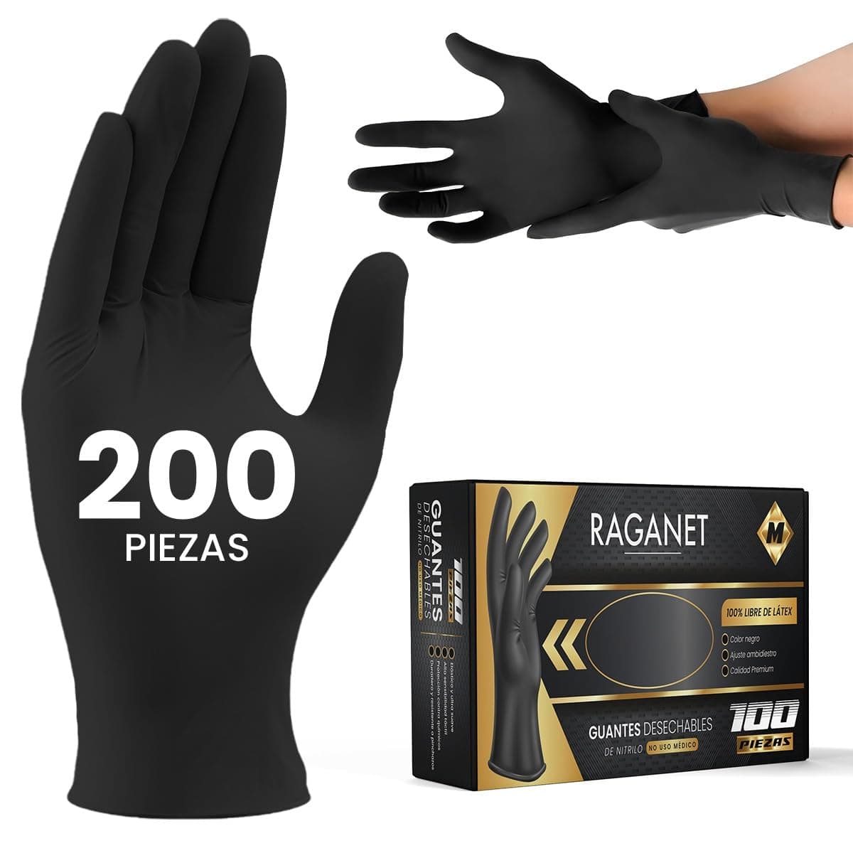 Raganet | 200 Guantes de Nitrilo Vinil de Alta Calidad Color Negro