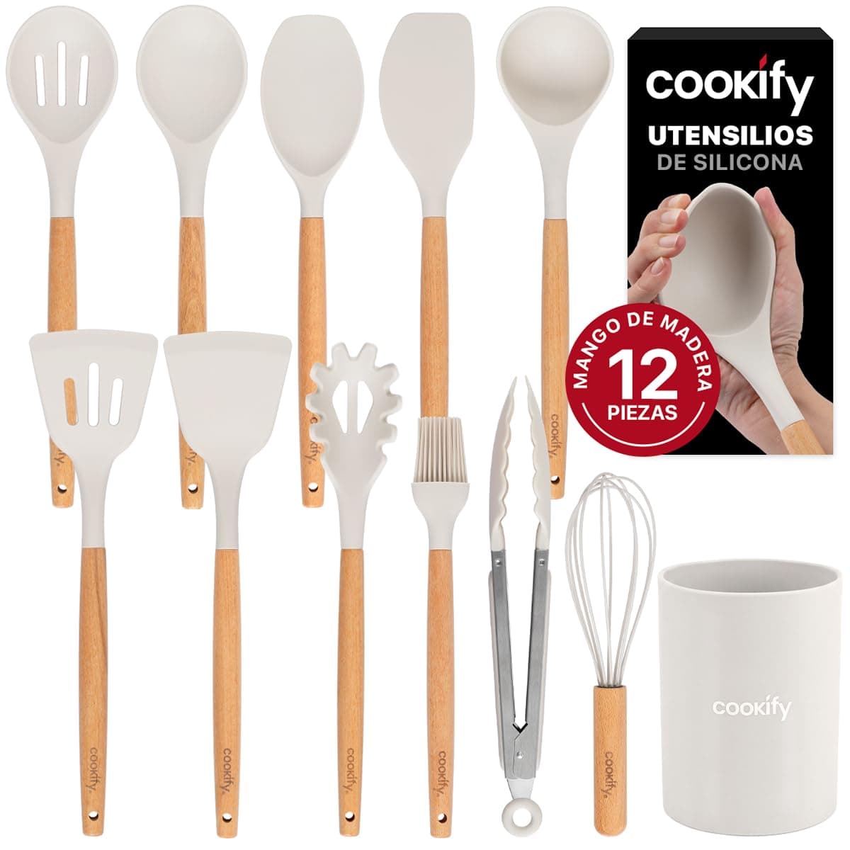 Cookify Juego de Utensilios de Cocina Silicona y Madera 12 Piezas Marfil