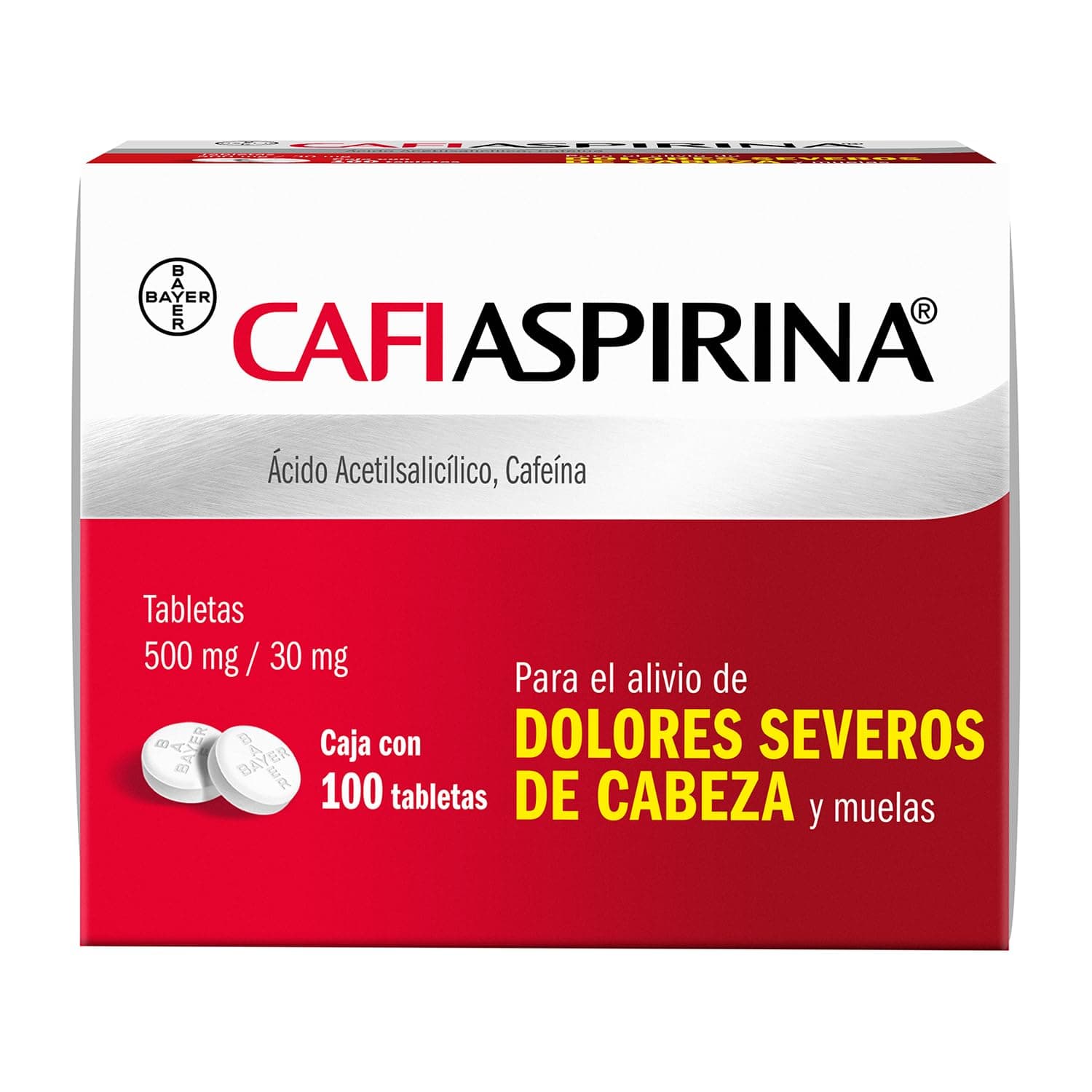 Cafiaspirina, Aspirina 500mg más Cafeína 30mg Para el Alivio de Dolores Severos de Cabeza y Muelas