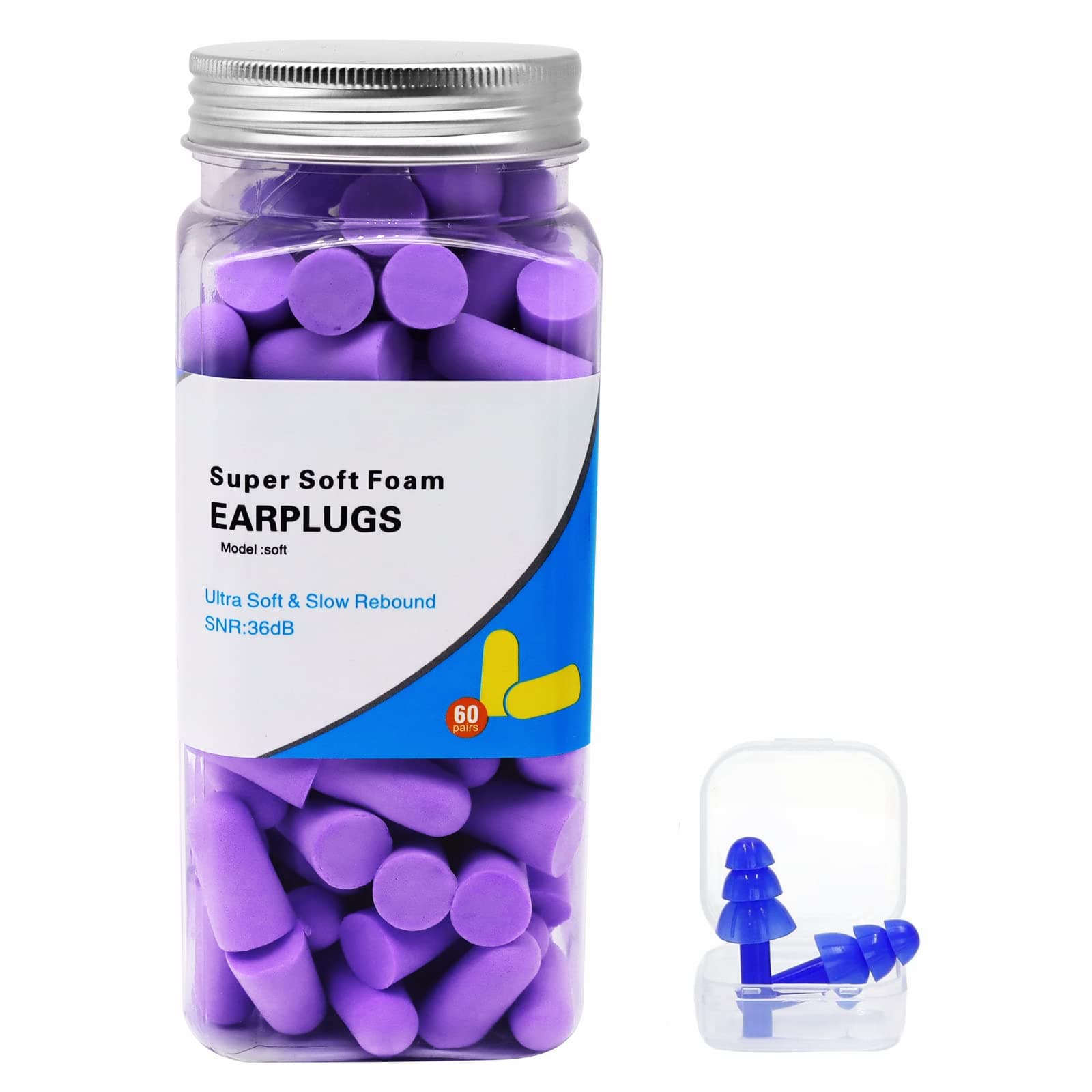 60 Pares de Tapones para los Oídos a Prueba de ruidos,36 dB SNR Morado